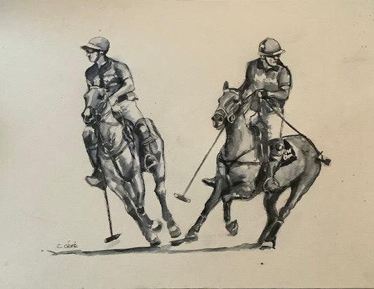 Étude de joueurs de polo en aquarelle en mono couleur