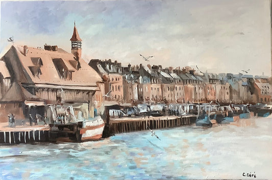 Trouville marché du dimanche matin huile sur toile dimension 25/37